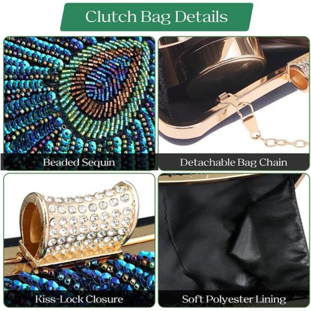 Evening Bag Clutch Purses for Women Beaded Sequin Peacock Party Handbag Wedding - Picture 4 of 7